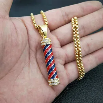 

Iced Out Barber Pole Necklace & Pendant With Stainless Steel Chain Gold Color Bling Cubic Zircon Men's Hip hop Jewelry For Gift
