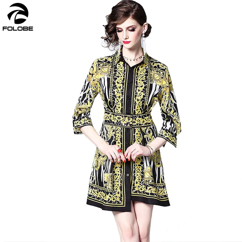 

FOLOBE 2019 Autumn Vintage Print 3/4 Sleeve Turn Down Collar Mini Shirt Dress Office Lady Dresses