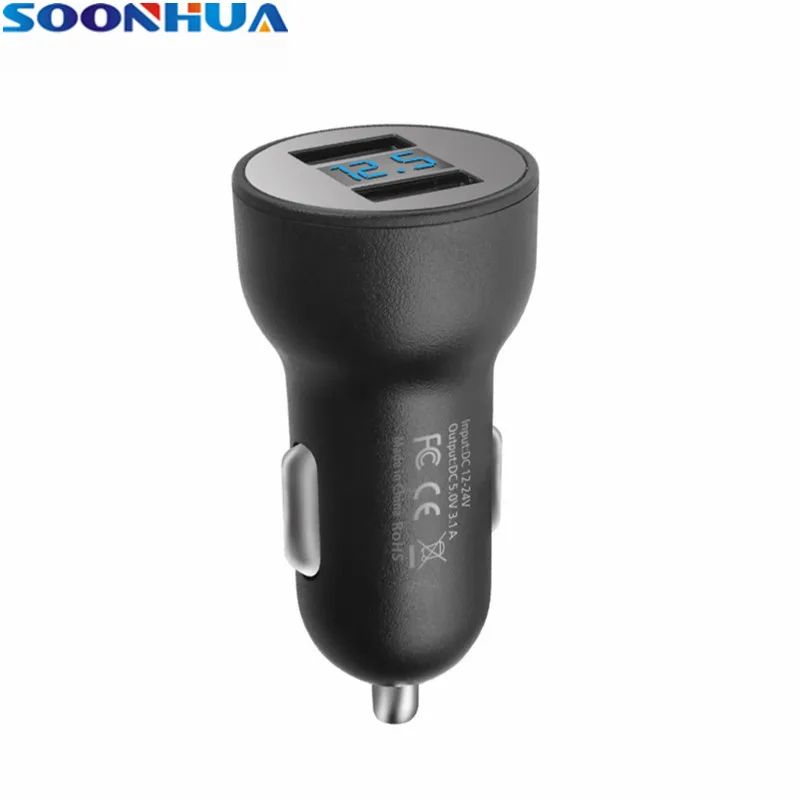 

SOONHUA Mutiple Protection Car Charger 5V 3.1A Dual USB Fast Charging Adapter With LED Digital Display For Phone Tablet Camera