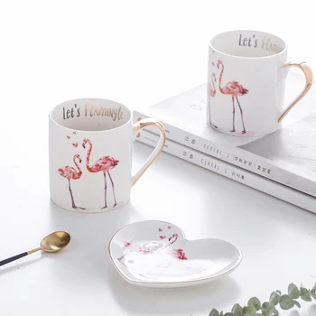 

Nordic style description gold border ceramic cup coffee mug Valentine's Day gift cup with gift box love birds