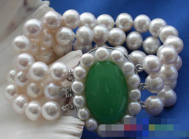

Hot selling>@@ > 01228 3row white ROUND FRESHWATER CULTURED PEARL BRACELET JADE -Bride jewelry free shipping