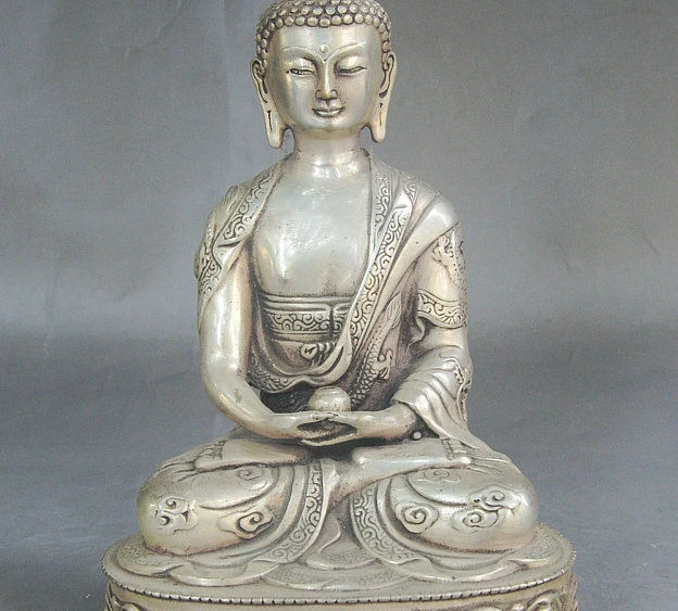 

8" Tibet Buddhism Silver Dragon Robe Sakyamuni Shakyamuni Buddha Hold Jar Statue