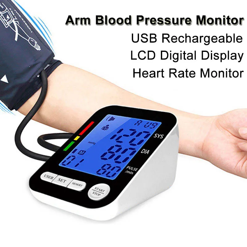 

LCD Digital Upper Arm Blood Pressure Monitor Automatic Heart Rate Pulse Meter Tonometer Sphygmomanometer USB Rechargeable