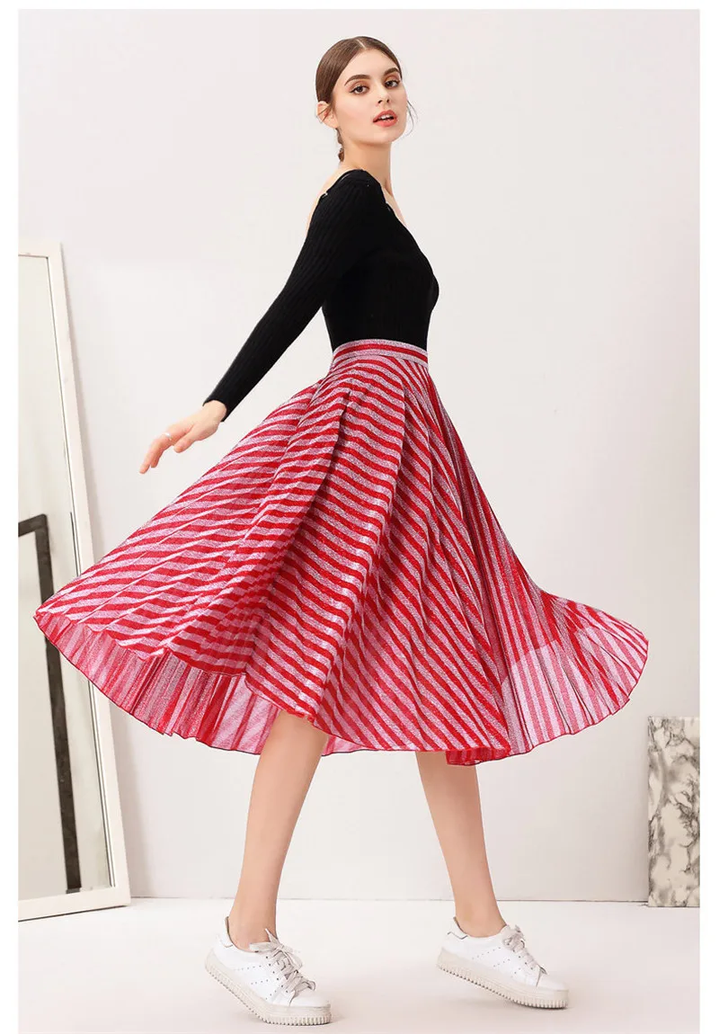 Женская Полосатая юбка с высокой талией, модные повседневные длинные плиссированные юбки с люрексом, осенняя модная трапециевидная юбка миди Saias Faldas