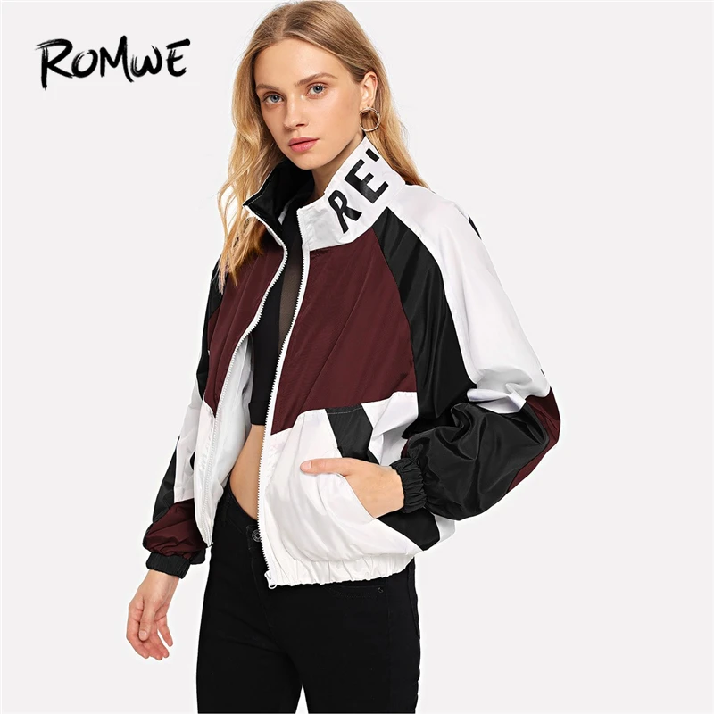 

ROMWE Color Block Letter Print Jacket Women Autumn 2019 Clothing Casual Womens Jackets And Coats Female Stand Collar Outerwear