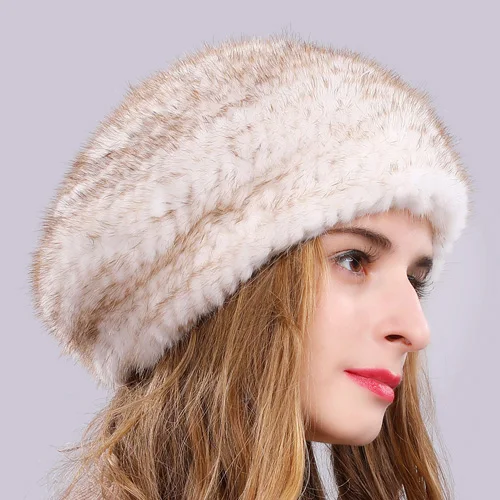 khaki and white Новая стильная зимняя натуральная норка меховые шапки, связанная вручную шапка из натуральной норки меховые шапки женские эластичные шапочки с мехом норки шапки - Цвет: khaki and white