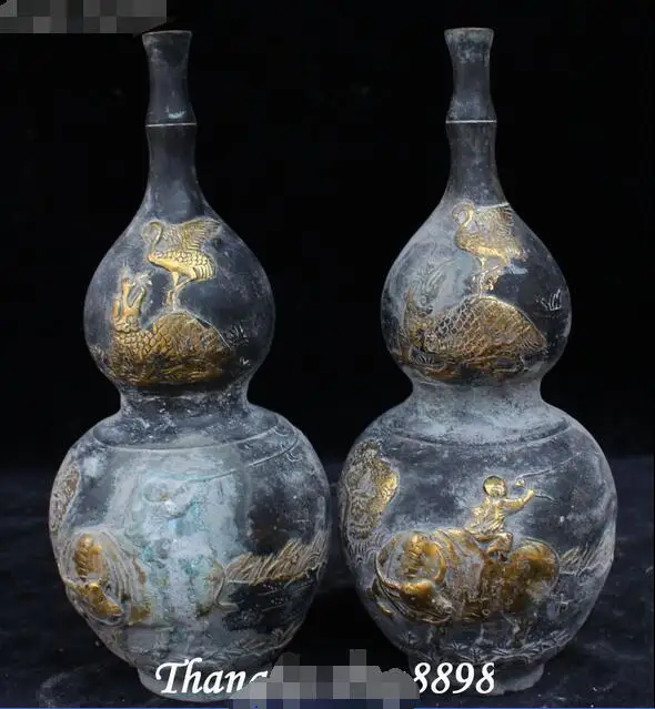 

10" Old China Bronze Gilt Tongzi Cow Turtle Grus Japonensis Bottle Gourd Gourds