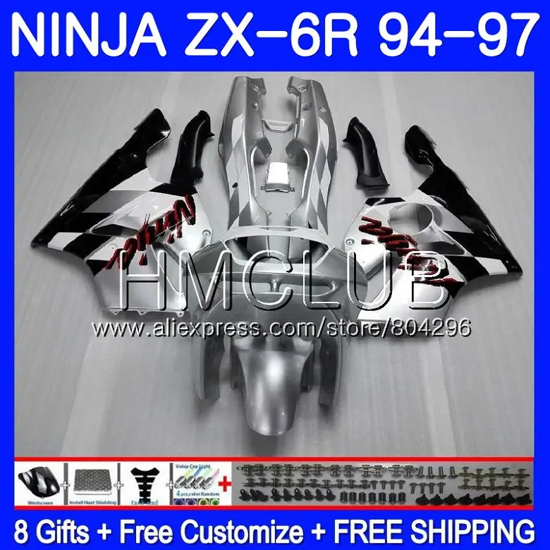Комбинезоны для KAWASAKI NINJA ZX 636 600CC серебристо-черный ZX6R 94 95 96 97 21HM. 21 ZX636 ZX-6R 94 97 ZX 6R 1994 1995 1996 1997 обтекатель