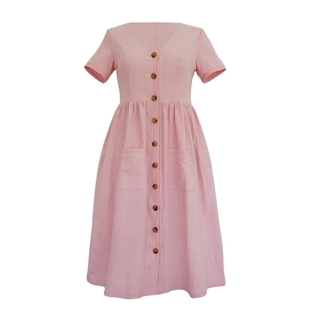 Женское платье в стиле бохо, восемь цветов, v-образный вырез, пуговица, карман, летний сарафан для пляжа, короткий рукав, Женские Элегантные платья, распродажа - Цвет: Pink