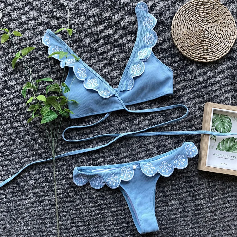 

Two Piece Sexy Women Summer Bra Set Embroidery Ruffles Push Up Female Set Beach Wear Bathing Femme Suit Bra+Brief