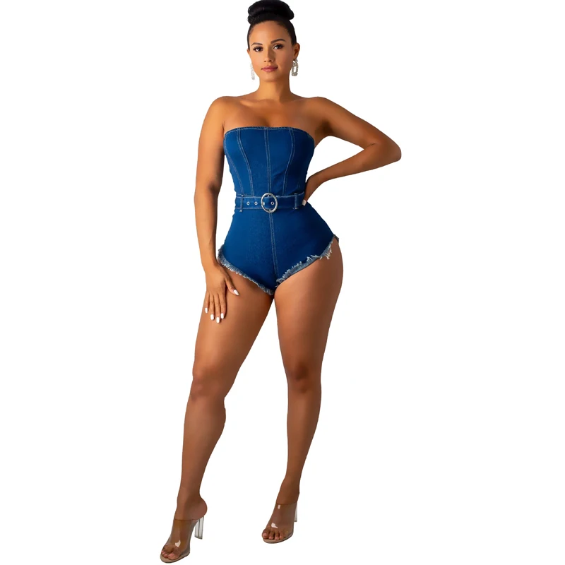 

Summer new women's denim jumpsuit fashion sexy bare chest tube piece shorts with belt yellow blue jumpsuit