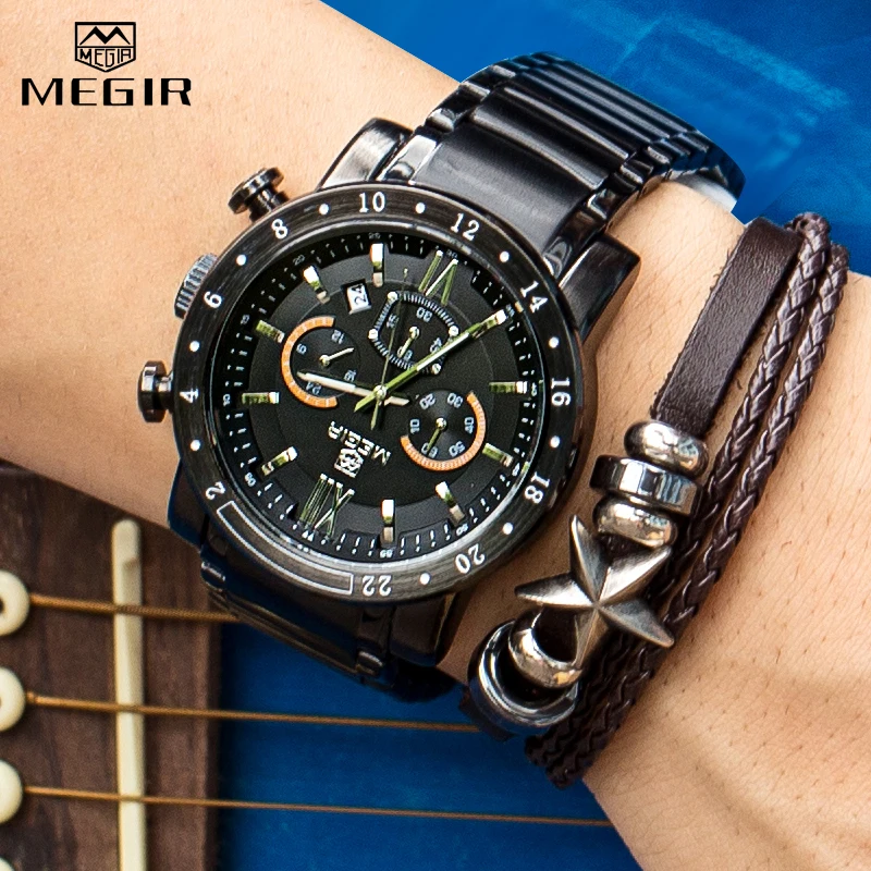 MEGIR часы мужские модные спортивные кварцевые мужские s часы водонепроницаемые полностью стальные бизнес-часы с хронографом и датой мужские часы