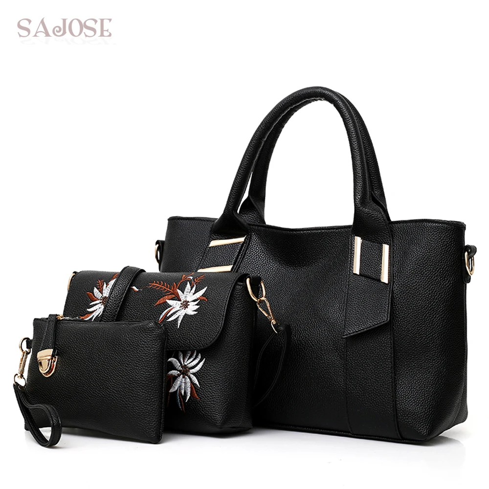 

3 Pcs/Set Leather Women Bag Handbags High Quality Embroidery Female Bags For Lady Trunk Tote Spanish Brand Shoulder Bag SAJOSE