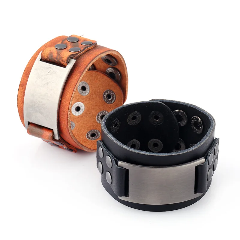 

Rock Brown Black Genuine Leather Bracelets & Bangle Punk Cuff Bracelets Men Women Jewelry Metal Magnetic Clasp Rivet Wristband