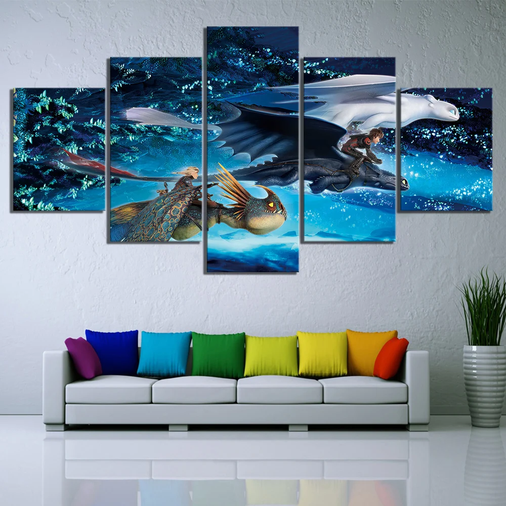 N/X Cartoon Picture wall art canvas oil painting 5 Panel Cartoon How To Train Your Dragon Posters Toothless Print Home Decor Framed 20X35 20X45 20X55cm 