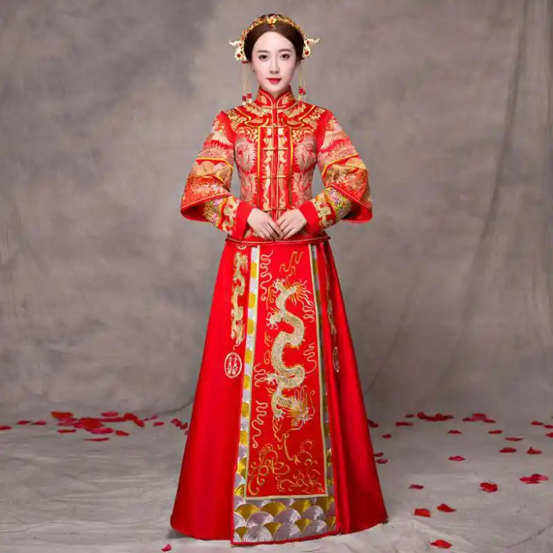Chino Rojo Bordado Dragon Cheongsam De Phoenix Novia Vestido De Novia Noble Antiguo Mujeres Qipao Vestidos Oriental Matrimonio Traje Aliexpress