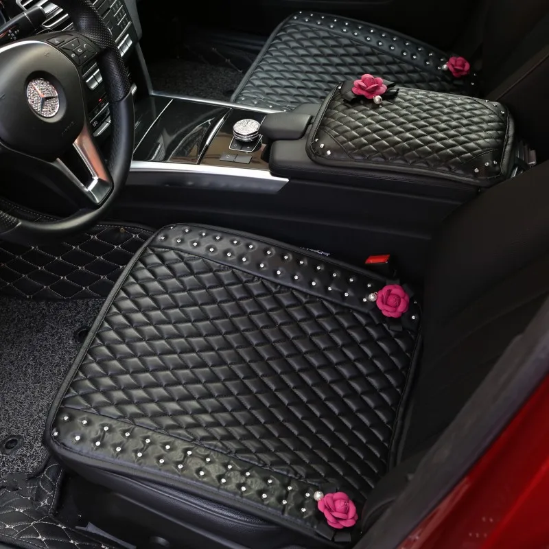 Rose Camellia Crystal Leather Car Interior Set 5