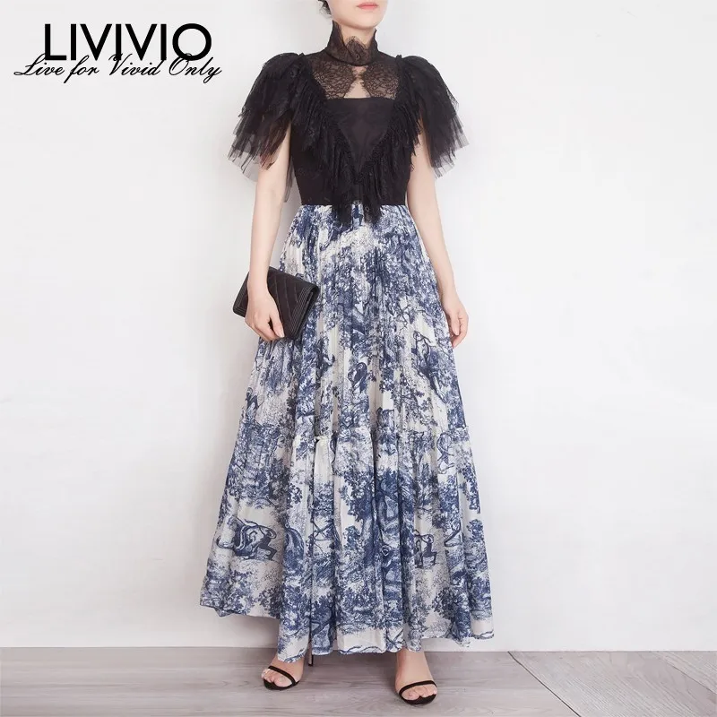 

[LIVIVIO] Sexy Perspective Lace Patchwork Print Dresses Women Turtleneck High Waist Midi Party Dress Female 2019 Fashion