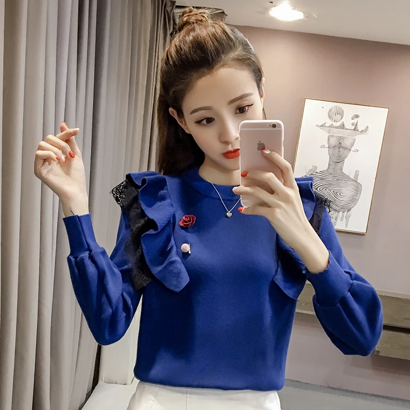 female sweater ruffles o-neck computer knitted pullovers patchwork new Korean version women Sweaters