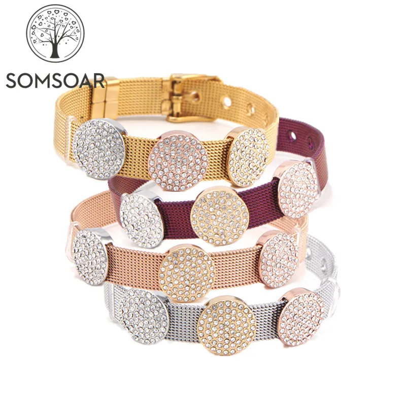 

Dropshipping Somsoar Jewelry Exclusive sneak peek Full Crystal Slide Charms Stainless Steel Mesh Bracelet set with 3pcs charms