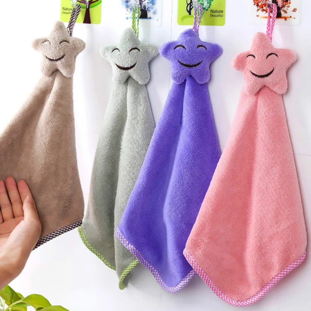 

High Quality Bowl Cloth Multi-function Stars Coral Velvet Hanging Towel Kids Hand Wipe Towel Kitchen Oil Dishcloth 42* 22 cm