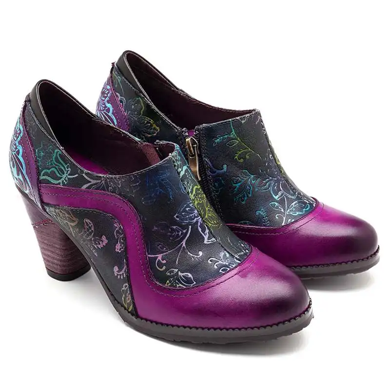 Socofy/туфли-лодочки из натуральной кожи в стиле ретро; женская обувь на молнии; винтажные туфли-лодочки на не сужающемся книзу массивном высоком каблуке с цветочным принтом; обувь для танцев в этническом стиле