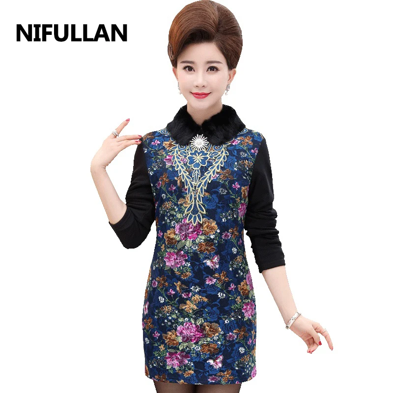

NIFULLAN Lace Bottom Velvet Dress Women 2019 Autumn Winter Slim Rabbit Fur Collar Warm Dresses Mother Long Sleeve Pullovers