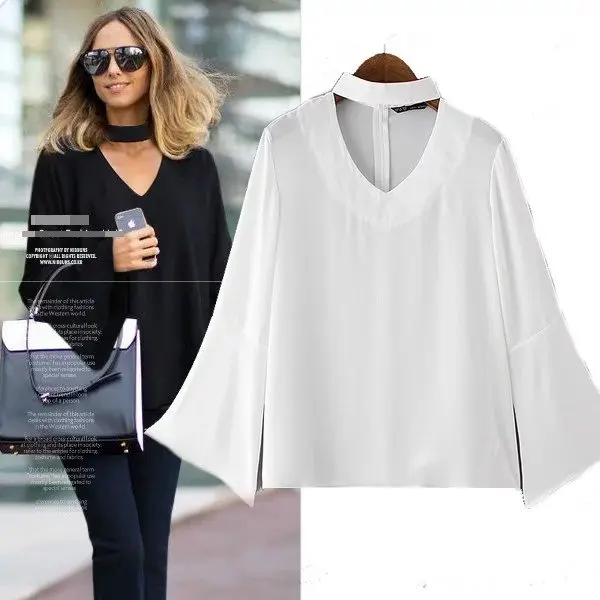 Vente Printemps Automne Femmes Tops Long Puff Manches Casual Chemisier En Mousseline Femme Col V Vêtements de Travail Solide Couleur Blanc Bureau Chemises WCS27710