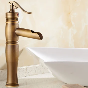 Antique Brass Bathroom Sink Basin Faucet Mixer Tap Waterfall Spout Single Hole Vessel Sink Faucet KD1258 modern design antique brass open spout basin faucets fashion bathroom mixer vintage bathroom sink faucet