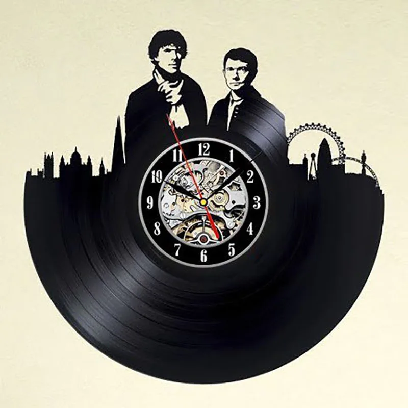 

12" Vinyl Record Wall Clock Sherlock Holmes Detective Style Clocks for Living Room Silent Vintage CD Hanging Clock