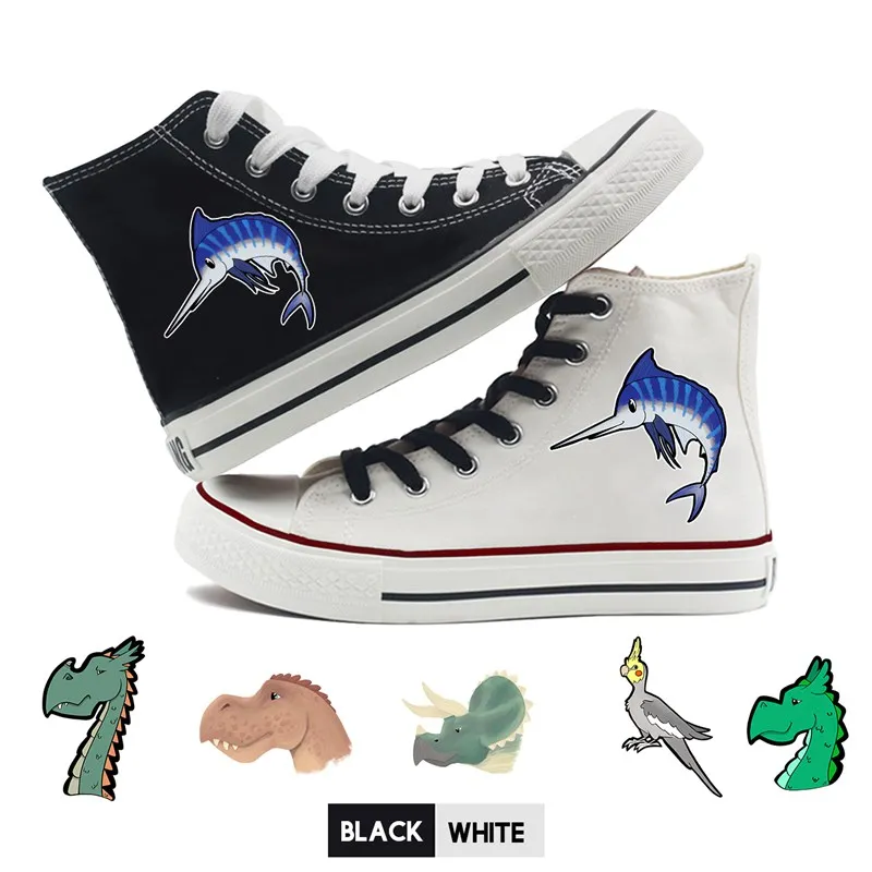 

Kawaii Cute Dinosaur Fish Bird Print Shoes Graffiti High Heel Canvas Uppers Teen Customized Trendy A194112