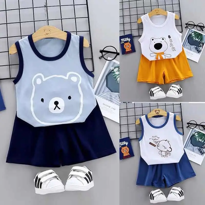 

Summer 2pcs Suits Baby Clothing Set Cartoon Boys Girls Vest Clothes Set Cotton Sleeveless Sports T Shirts Toddler Shorts