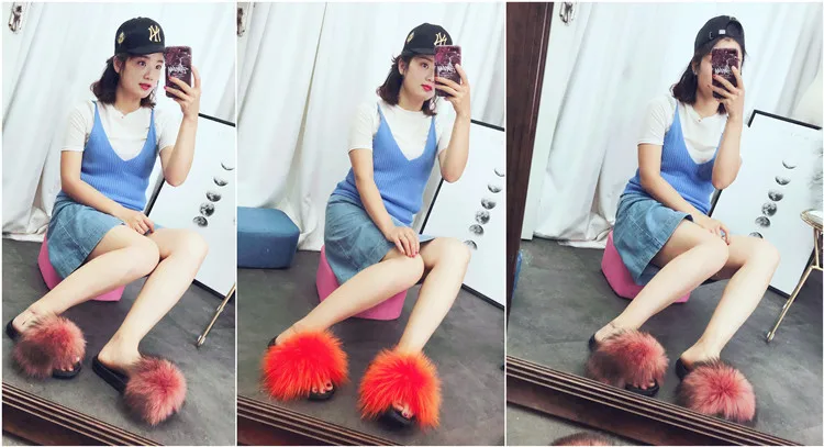 Real Raccoon Fur Slippers Women Sliders Casual Fox Hair Flat Fluffy Fashion Home Summer Big Size 45 Furry Flip Flops Shoes