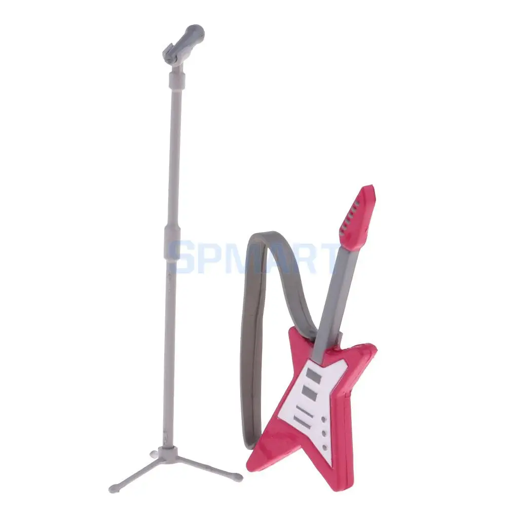 Dollhouse Miniature Guitar Microphone Model Set Vocal Concert Scenes Decor Kids Pretend Play Mini Figures Accessories