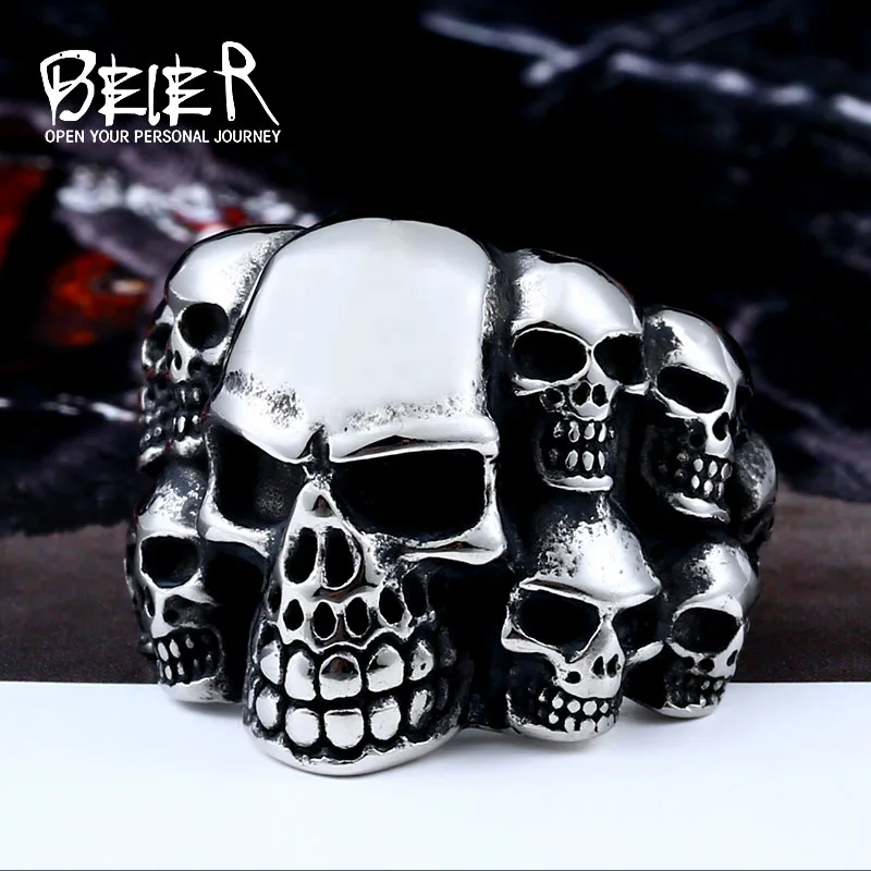 Beier new store 316L Stainless Steel high quality Biker ring Punk Lots of Skull Ring for men Fashion Jewelry LLBR8-079R