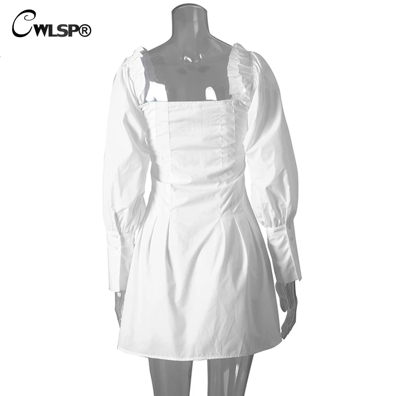 CWLSP otoño blanco Mini vestidos mujeres Slash Neck manga larga imperio Vestido botón una línea lechuga-borde ropa mujer 2018 QL4108 CWLSP otoño blanco Mini vestidos mujeres Slash Neck manga larga imperio Vestido botón una línea lechuga-borde ropa mujer 2018 QL4108