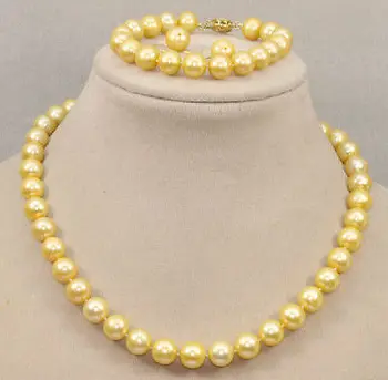 

charming AAA 9-10mm South Sea Yellow Pearl Necklace Bracelet 14k + Earring