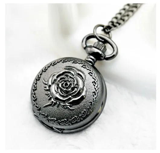

New  Arrive Small Size Black Rose Quartz Men Women Pocket Watch With Chain For Xmas Gift High Quality PS446