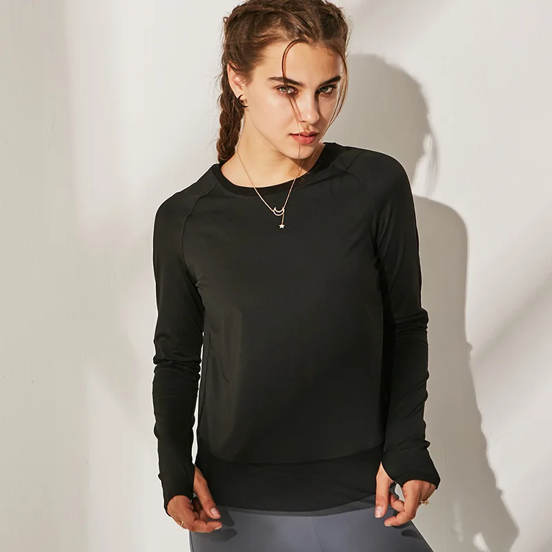 SALSPOR, женская рубашка для йоги, сетчатая, с разрезом на спине, с перекрестными ремешками, футболка для фитнеса, с отверстиями для большого пальца, дышащие топы для тренировок, женская спортивная одежда - Цвет: Black