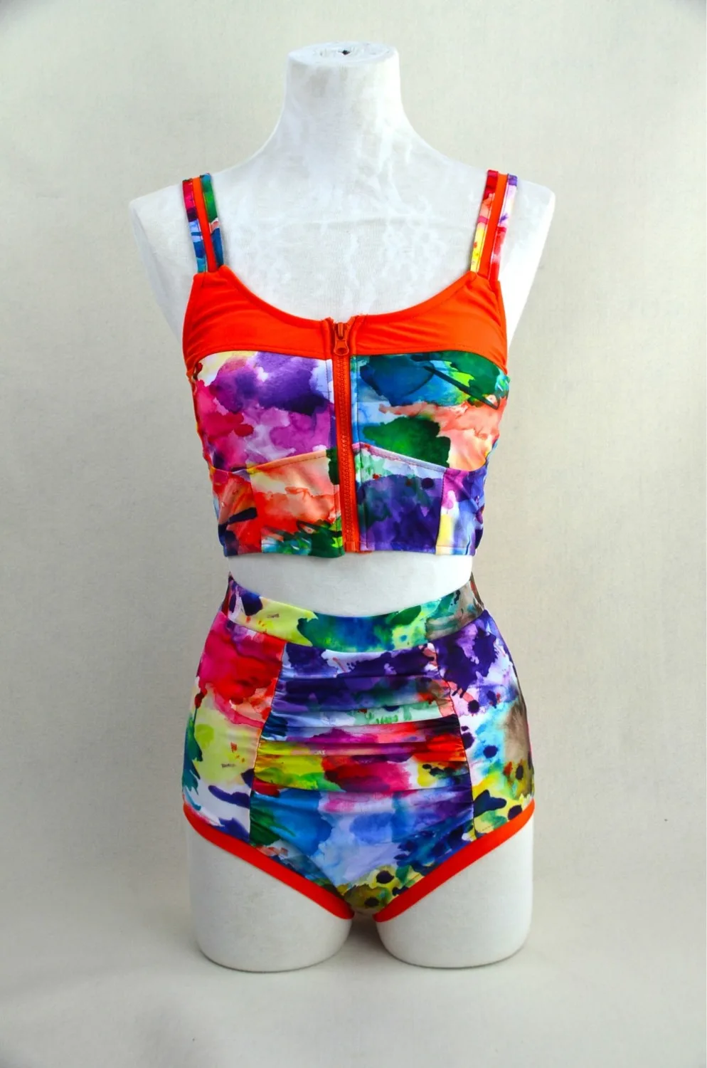 Retro Red Oil Painting Print Front Zipper High Waist Bikinis Women 2017