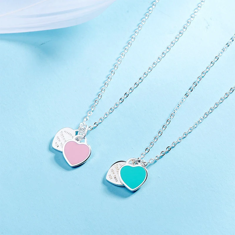 

925 Sterling Silver Double Heart Pendant Necklace Blue Pink Enamel Chain Clavicle Necklace Best Gift for Women Girl Short Choker