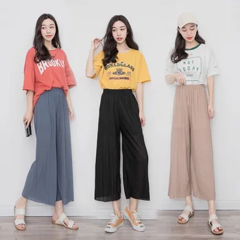 

2019 Fashion Women Pants Hot Ladies Wide Leg Trousers Solid Color Thin Loose Casual Pants for Summer HD88