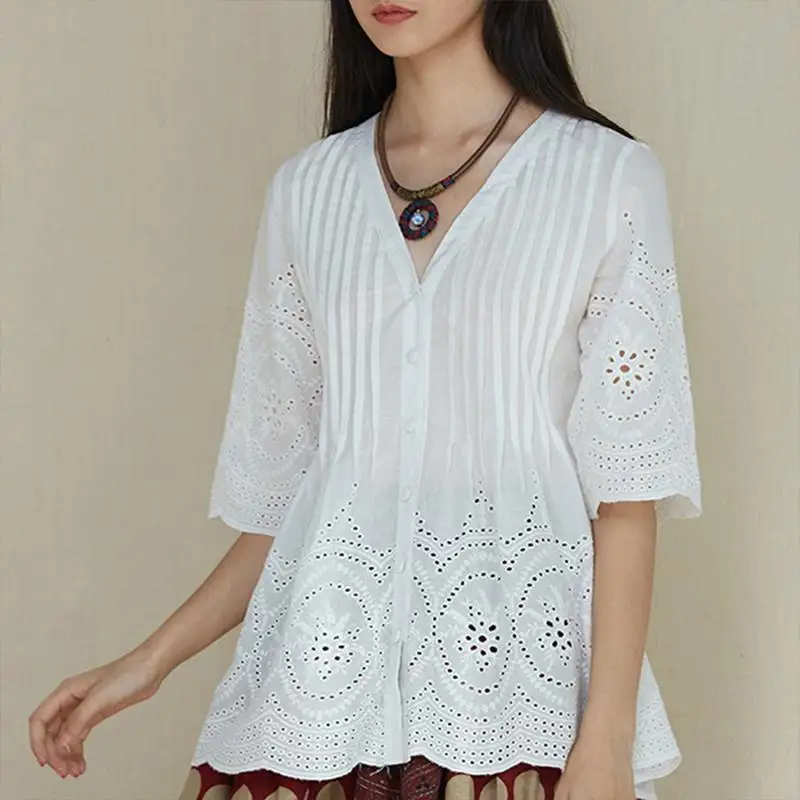 Summer Women Cotton Linen Blouse Elegant Embroidery Hollow Blusas Female V Neck Button Shirts Pleated Tunic Top Plus Size