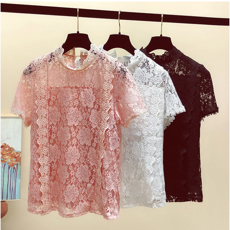 

2019 Streetwear Summer Lace Blouses Women Plus Size Hollow Out Tops Blouses Pink Black White Shirts blusas chemisier femme