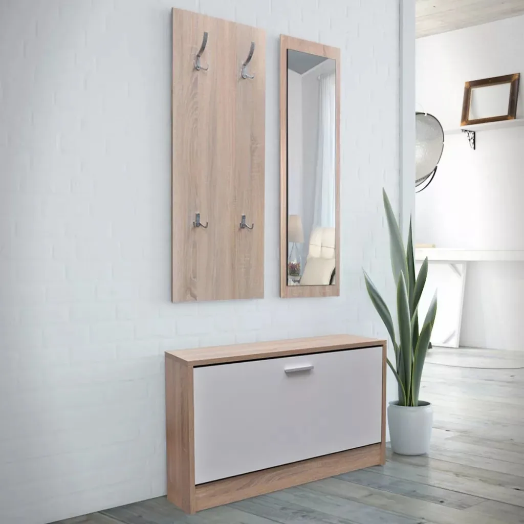 

VidaXL 3-In-1 Wooden Shoe Cabinet Set Shoe Cabinet Mirror Coat Rack Easy Assembly Shoe Rack Furniture Shoe Organizer