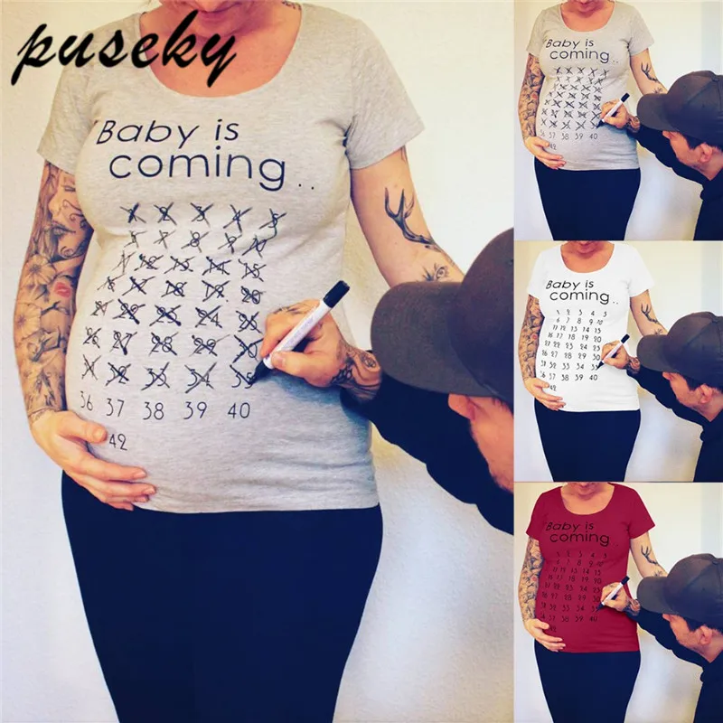 

Puseky Premama Maternity T Shirts Premama Baby Is Coming English Letter T Shirt Summer Female Pregnant Women Tees