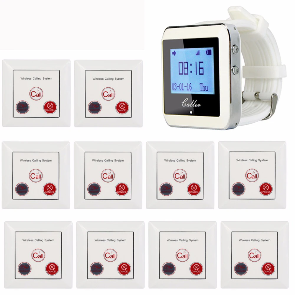 

Wireless Calling System Restaurant Pager Waiter Call Pager 1 Watch Receiver + 10 Call Button Buzzer Quiz Restaurants Equipments