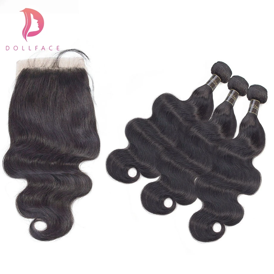 Dollface Малайзии объемная волна 3 человеческих волос пучки с закрытием Дело Волосы remy Ткань Связки с закрытием Бесплатная доставка