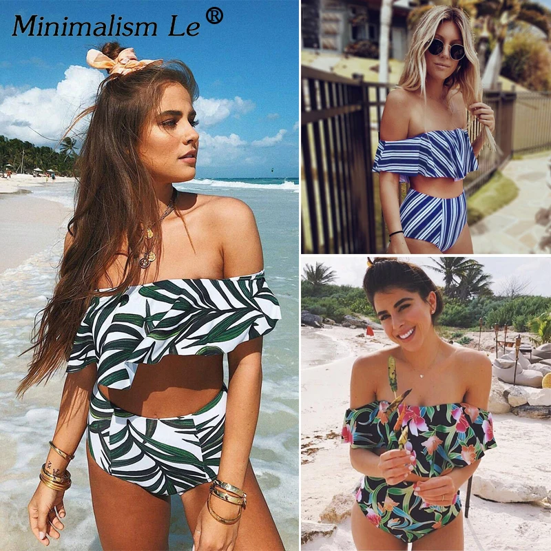 

Minimalism Le High Waist Swimsuit Print Swimwear Strapless Bikini Set Ruffle Bathing Suit Women Vintage Bikini 2019 Girl Biquini