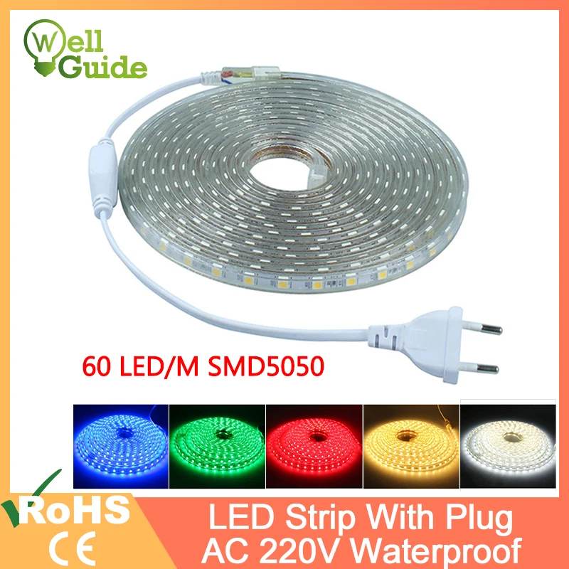 

led strip 1M~25M EVO SMD5050 AC220V IP65 LED Strip Flexible Light 60leds/m Waterproof Led Tape LED Light With Power EU Plug